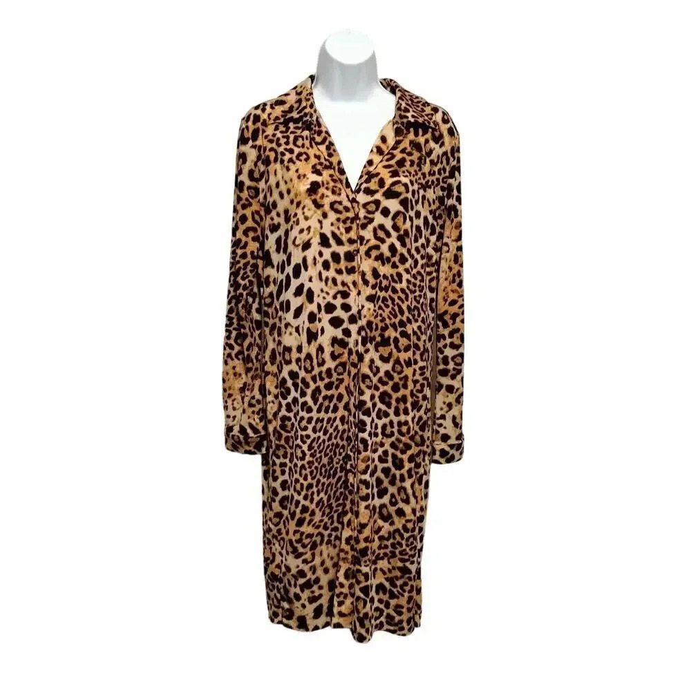 Anne Klein Size MEDIUM Embroidered Logo Button Up Lg Sleeves Leopard Print Dress